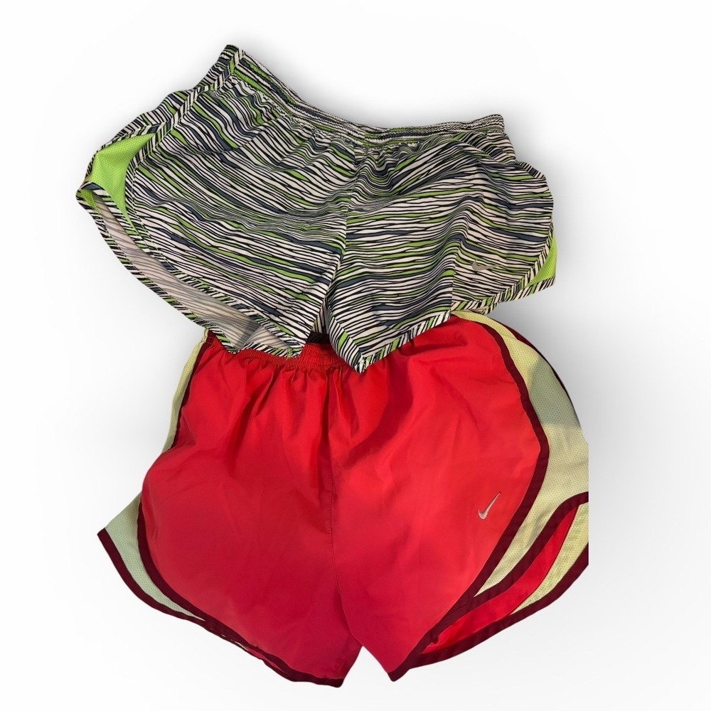 Nike Dri-FIT Running Shorts Bundle Womens‎ Small Red Lime Green Striped 2 Pairs